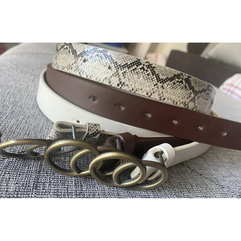 Set of 3 Double Circle Buckle‎ Belts - Snakeskin, Brown, White - Size M-L
